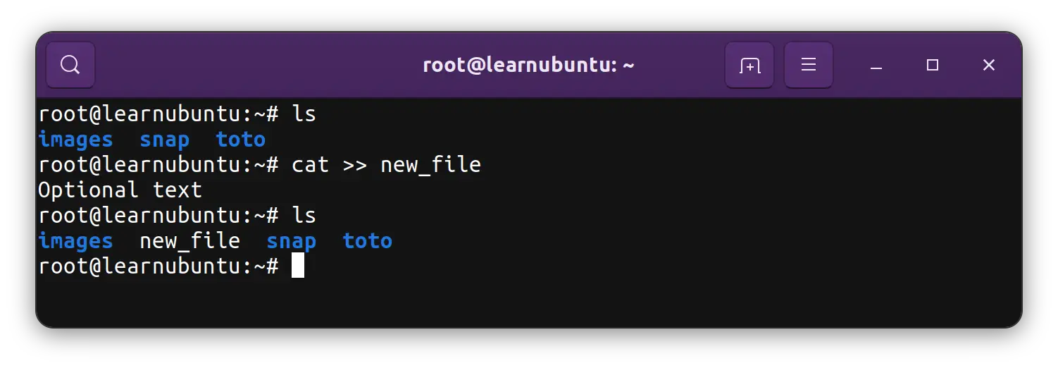 Create new file with cat command in Ubuntu terminal