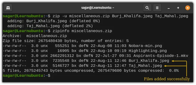 Add files to existing zip file in command line
