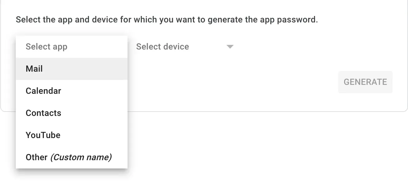 The 'select app' dropdown list to generate an app-specific password