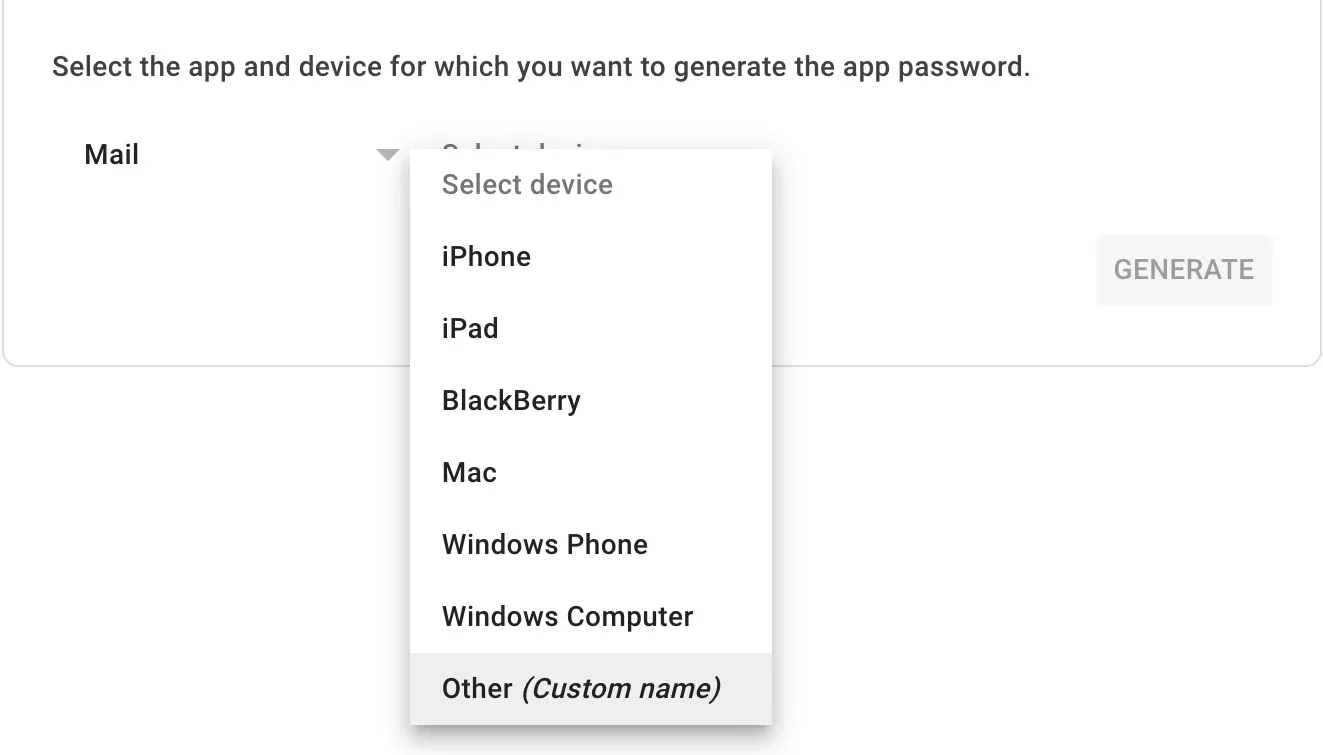 The 'select device' dropdown list to generate an app-specific password