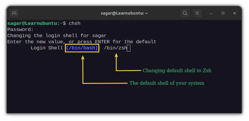 Change default shell in ubuntu