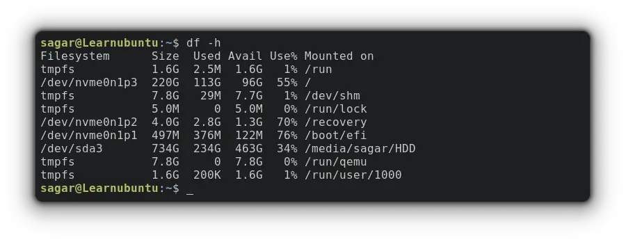 use df command to list drives in ubuntu