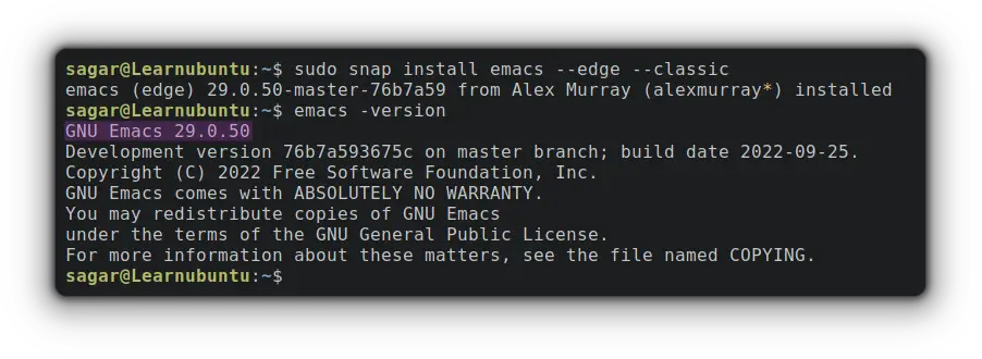 emacs snap pack running the most recent version in ubuntu