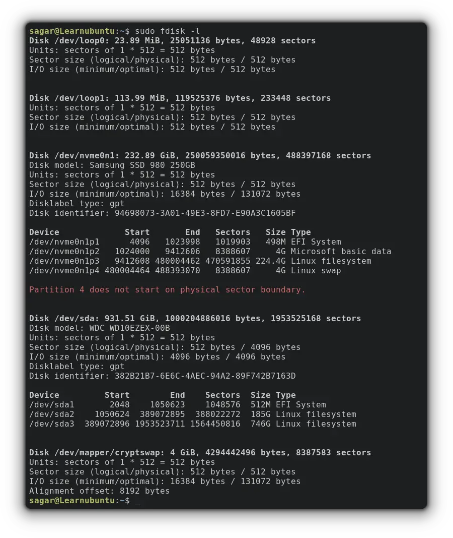 use fdisk command to list drives in ubuntu