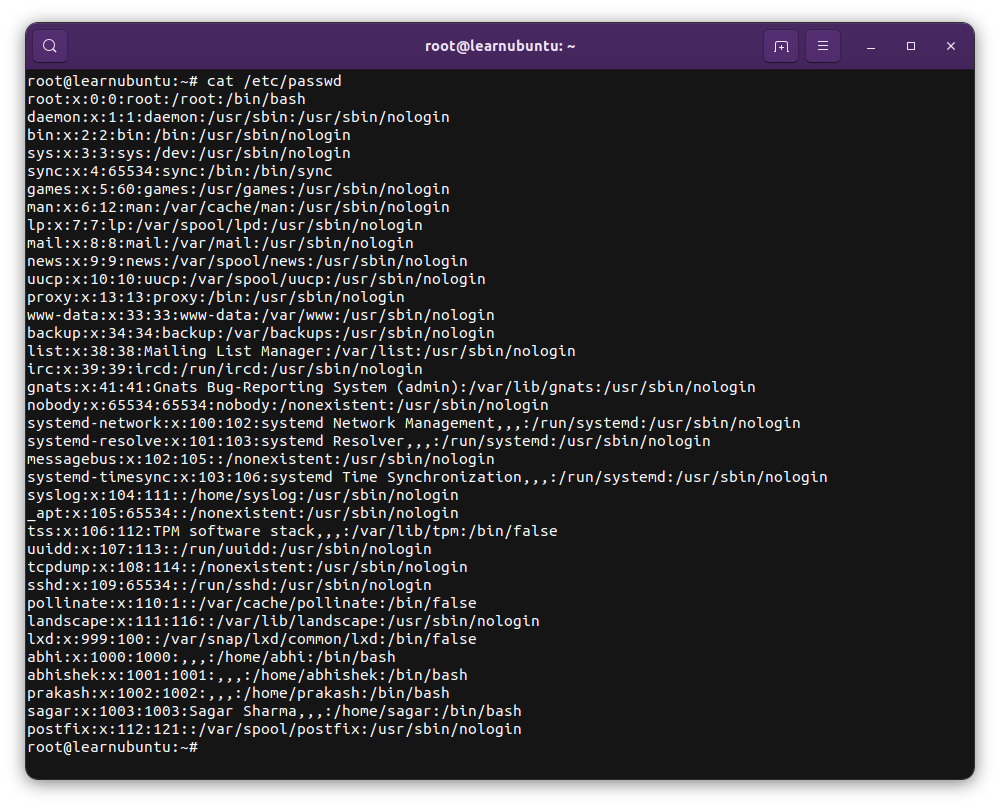 List users in Ubuntu by looking at the contents of /etc/passwd file