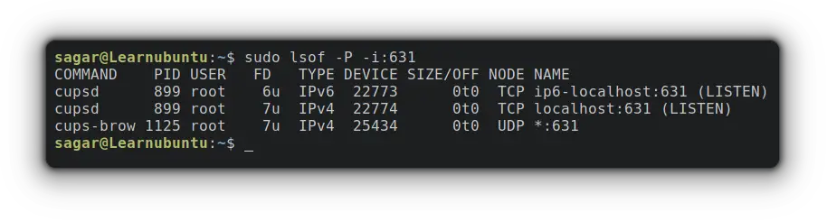 use lsof command to find status of specific port