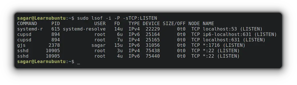 use lsof command to find open ports 