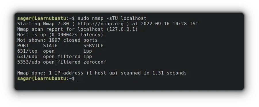 use localhost command to find open ports on your system