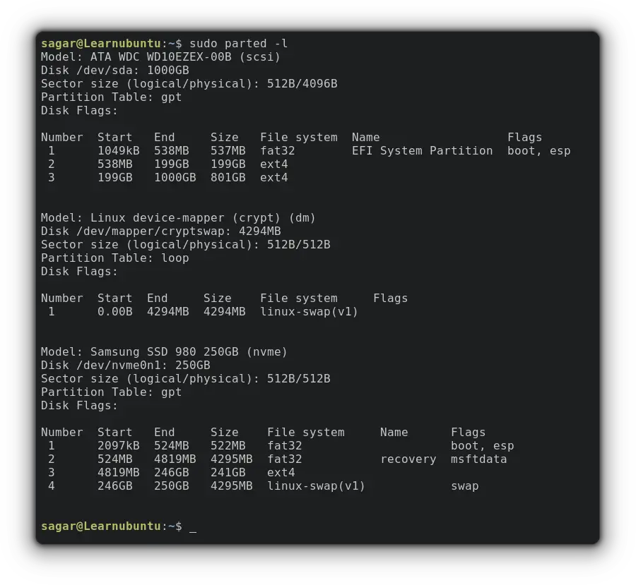 use parted command to list drives in ubuntu