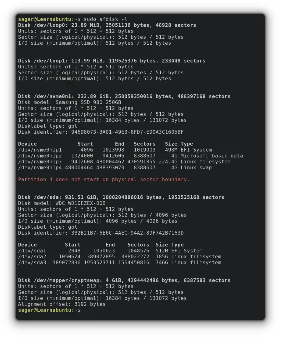 use sfdiskcommand to list drives in ubuntu