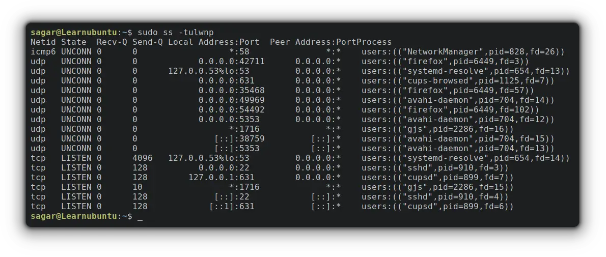 use ss command to find open ports in ubuntu