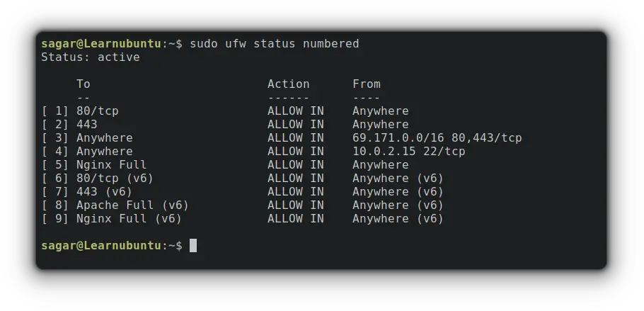 List ufw rules with numbers