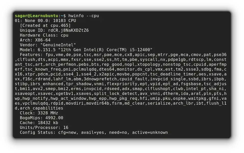 get cpu info using hwinfo command in linux