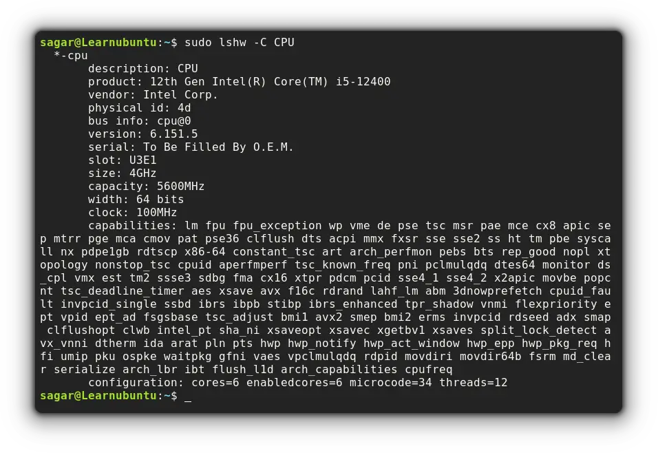 use lshw command to get cpu info in linux