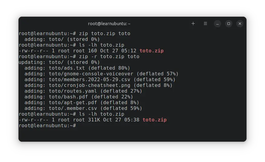 Zip folder in Ubuntu command line