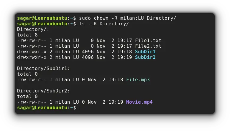 change file ownership and group recursively in linux