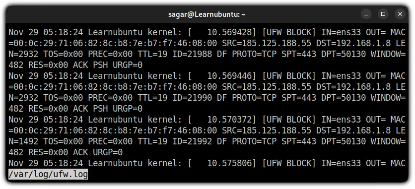 use less command to check UFW firewall logs in ubuntu