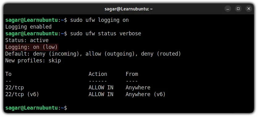 enable UFW firewall logging in ubuntu