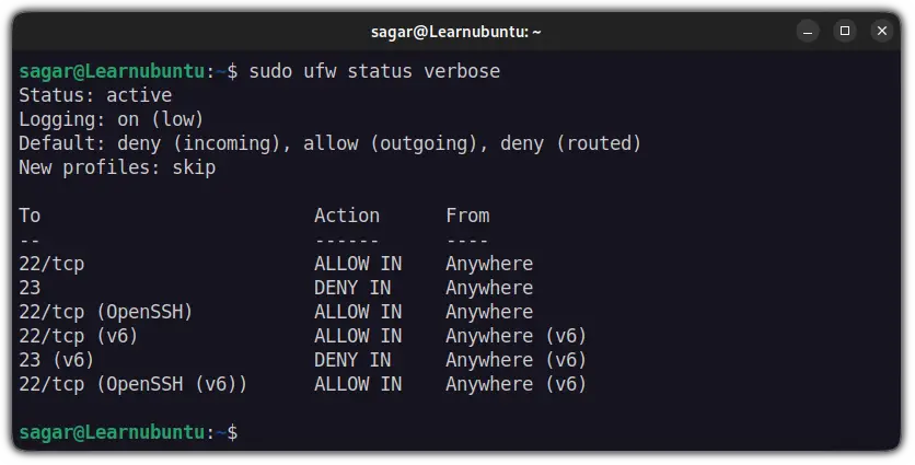 get detailed status of ufw firewall in ubuntu