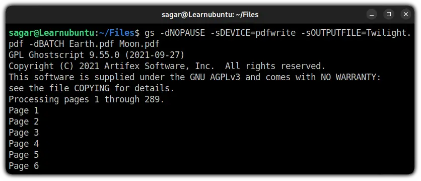 merge PDF files in Ubuntu command line using ghostscript