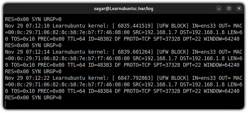 use tail command to check UFW firewall logs in ubuntu