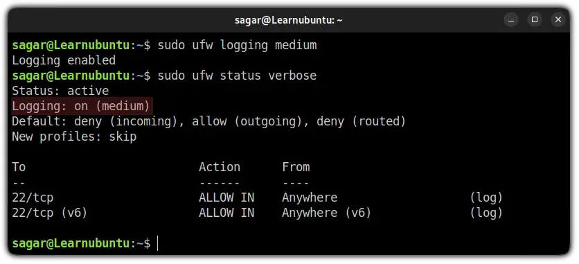 how to change logging level in UFW firewall in ubuntu