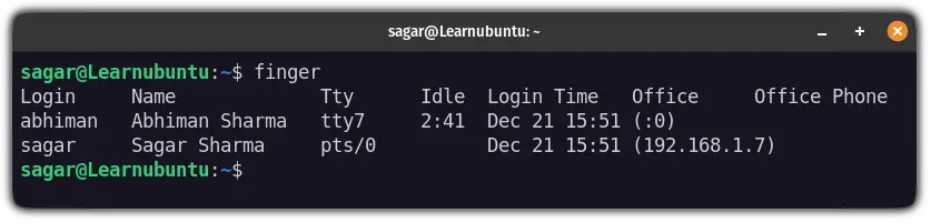 use the finger utility to find curently logged in users in ubuntu