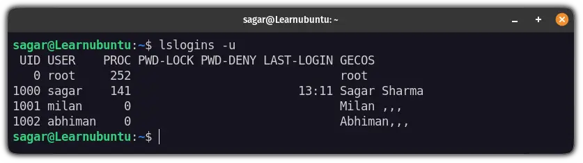 use the lslogins to get user ID in ubuntu 