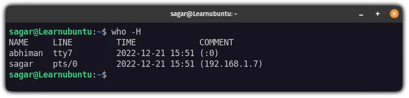 use the who command to find currently logged in users in ubuntu