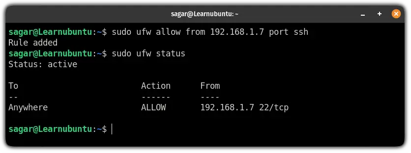 allow port from specific ip in ufw firewall