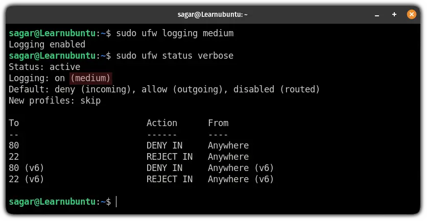 change logging level in ufw firewall in ubuntu