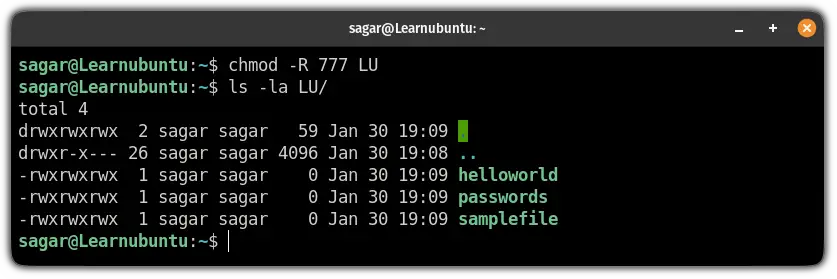 change permissions recursively using the chmod command on ubuntu