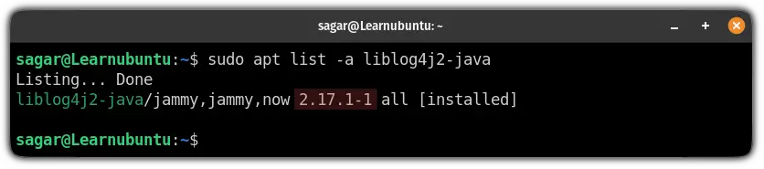 check the installed version of Log4j in ubuntu using the apt