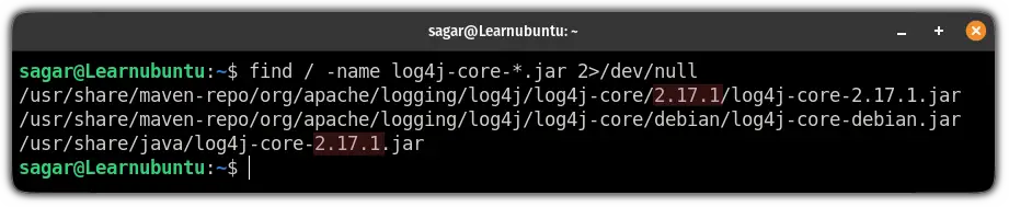 check the installed version of log4j in ubuntu using the find command