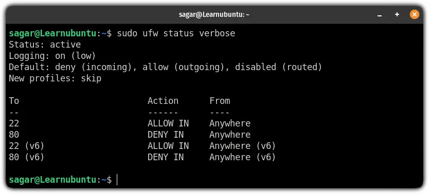 get detailed status of ufw firewall in ubuntu