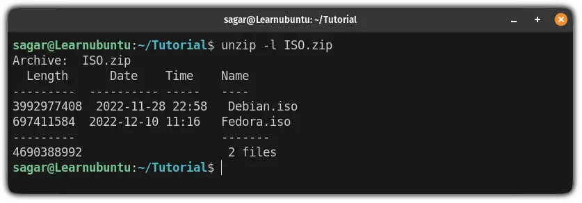 list contents of zip file in ubuntu