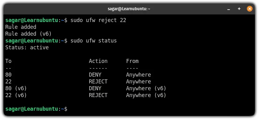 reject connections using the ufw firewall