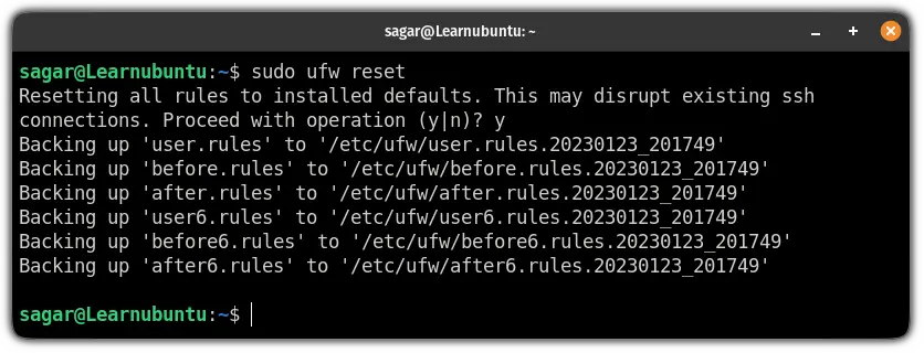 reset ufw firewall rules in ubuntu