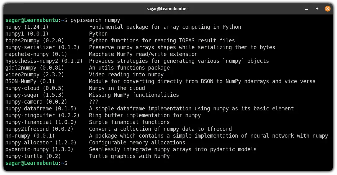 search pip packages in ubuntu using the pypisearch command