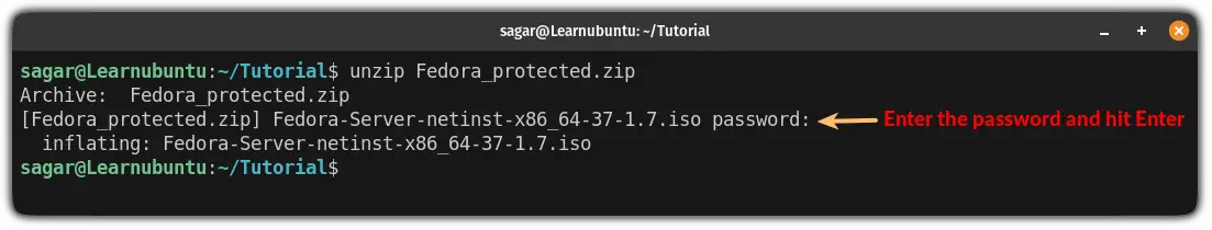 unzip password protected file in ubuntu securely