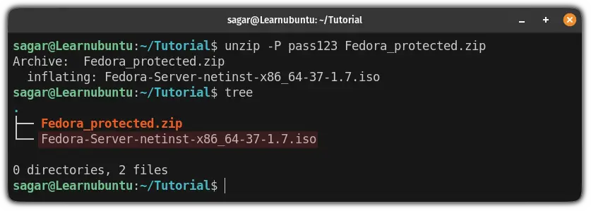 unzip password protected file using the unzip command on ubuntu