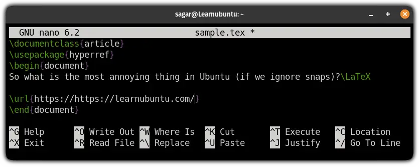 create sample LaTex file in Ubuntu terminal