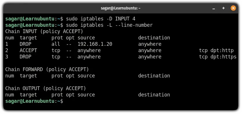 remove rules from iptables from Ubuntu