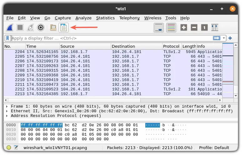 save captured packets with wireshark