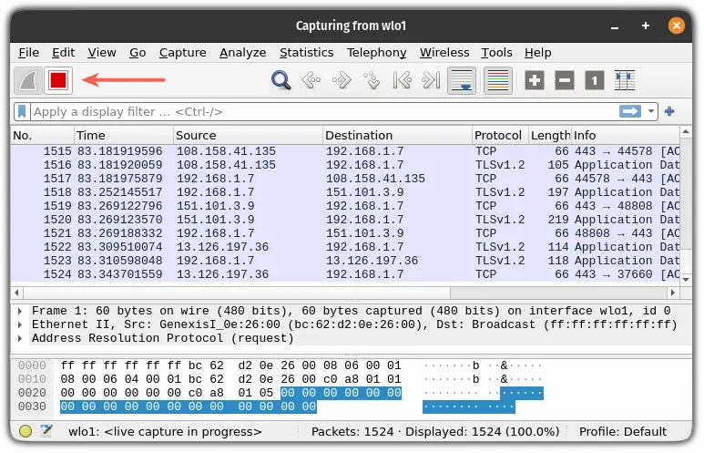 stop packet capturing in wireshark