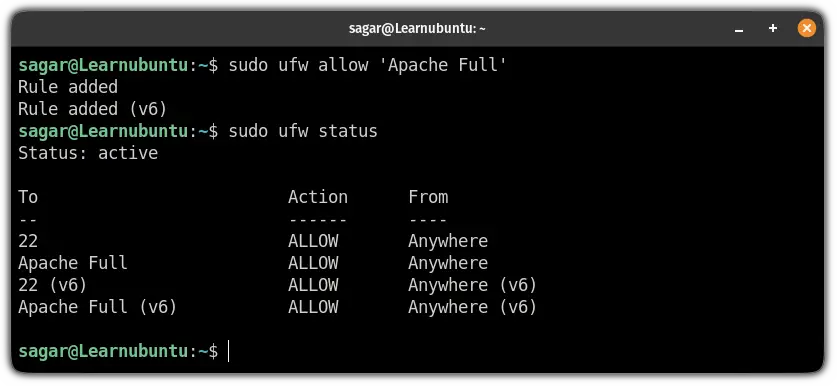 allow Apache web server to pass through from the UFW firewall on ubuntu