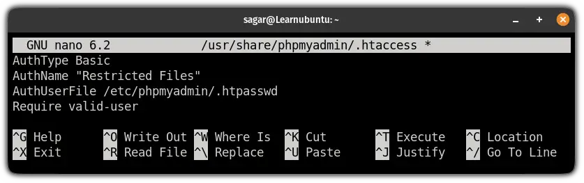 create .htaccess file to secure PHPMyAdmin on ubuntu