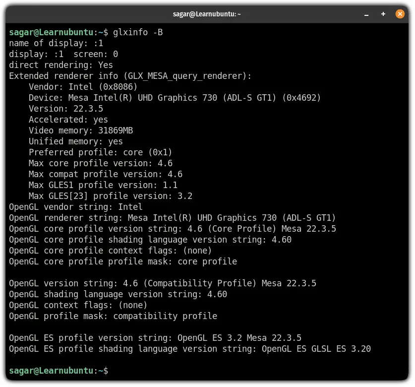 use glxinfo command to get the GPU info in ubuntu