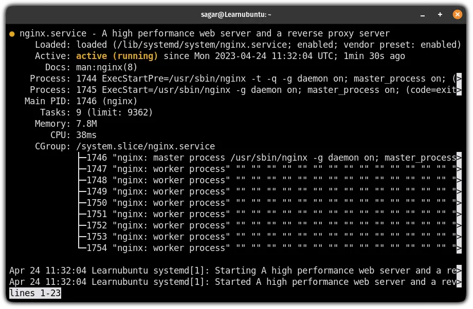 check status of nginx in Ubuntu