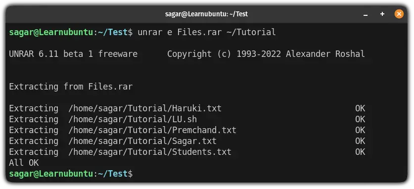 extract RAR file to different directory using the unrar command